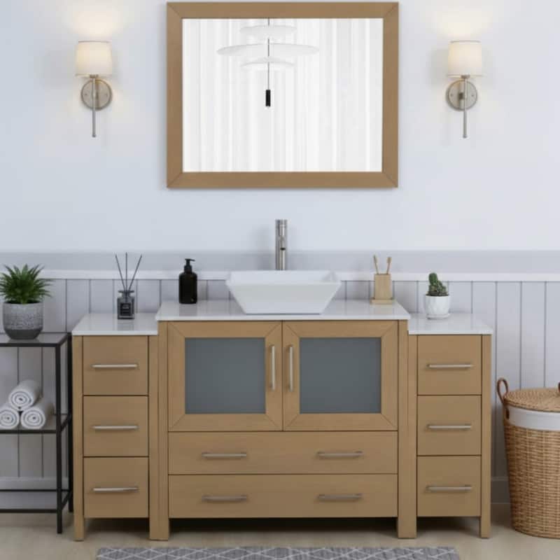 Vanity Art 60-inch Single Sink Bathroom Vanity Set With Engineered Marble Top and Free Mirror - 60 x 18.5 x 36 Inches - Natural Oak