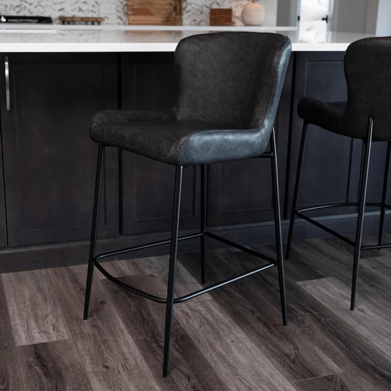 Maven Lane Naomi Metal and Vegan Leather Kitchen Dining Stool - Matte Black Finish - Counter Height