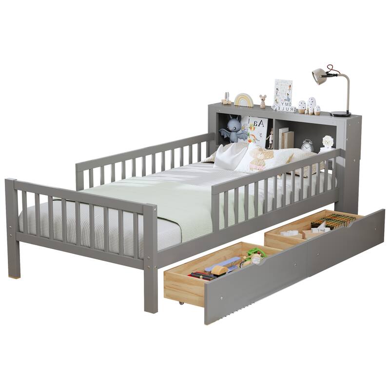 Twin Wood Storage Bed with 3-Side Guardrails, Underbed Drawers & Headboard Storage