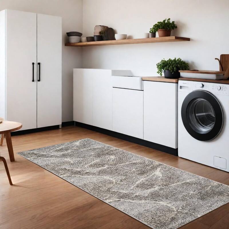 Biza Distressed Abstract Stain Resistant Woven Durable Area Rug By HomeRoots - 2' X 8' - 2' X 8' - Gray and Beige - Rectangle