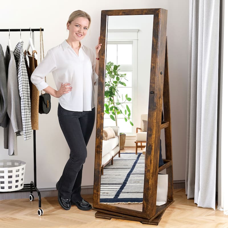 Standing Lockable Jewelry Armoire Jewelry Cabinet Organizer with Full-Length Mirror - 62.4"×14.8"