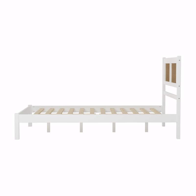 Wood Platform Bed with Natural Rattan Headboard, Elegant Minimalist Design