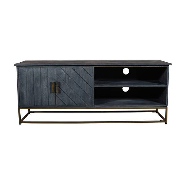 slide 1 of 5, 53 Inches Plank Design 2 Door Mango Wood TV Media Cabinet with Metal Base, Gray
