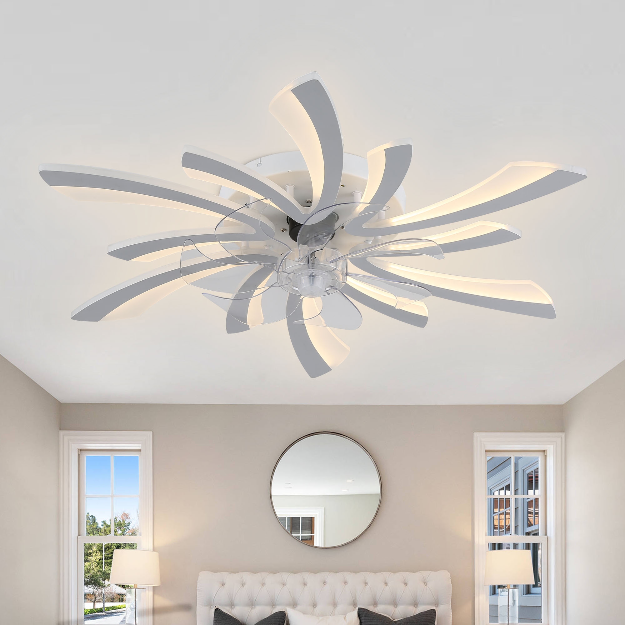 Chichoice 31" Modern Low Profile Flower Ceiling Fan with LED Light, Hidden Blade 6-Speed Flush Mount Fandelier with Remote/App - 30.7"*30.7" - White
