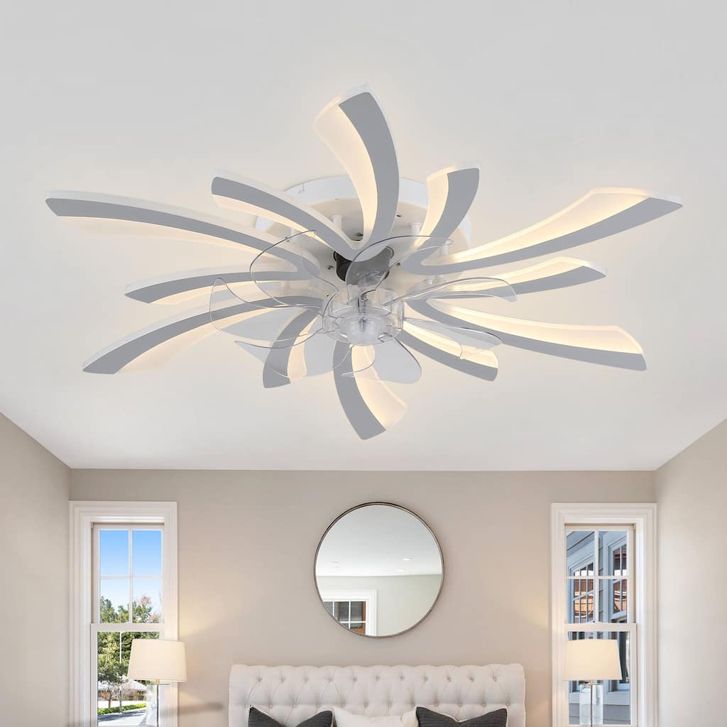 Chichoice 31" Modern Low Profile Flower Ceiling Fan with LED Light, Hidden Blade 6-Speed Flush Mount Fandelier with Remote/App