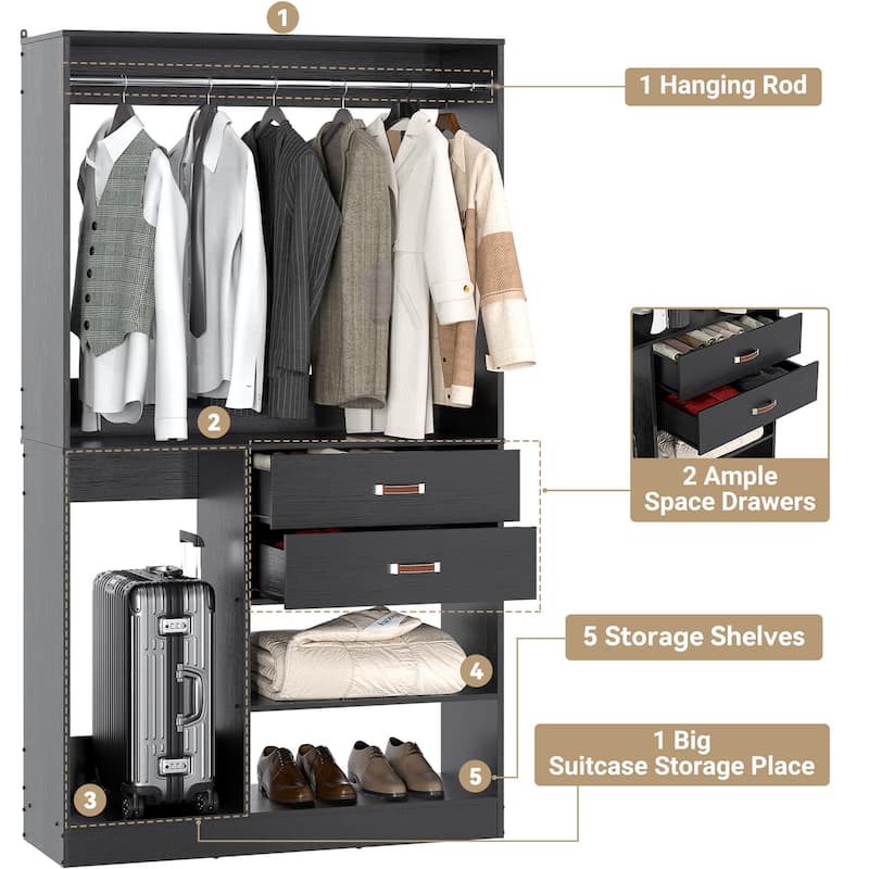 Rackcog Freestanding Closet Organizer with Hanging Rod, Closet System Wardrobe with Wood Drawers