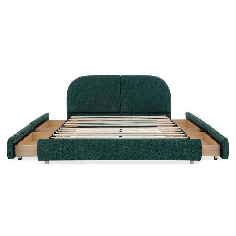 Queen Size Upholstered Bed Frame Modern Minimalist Style - Circle Yarn Fabric, Tall Curved Headboard