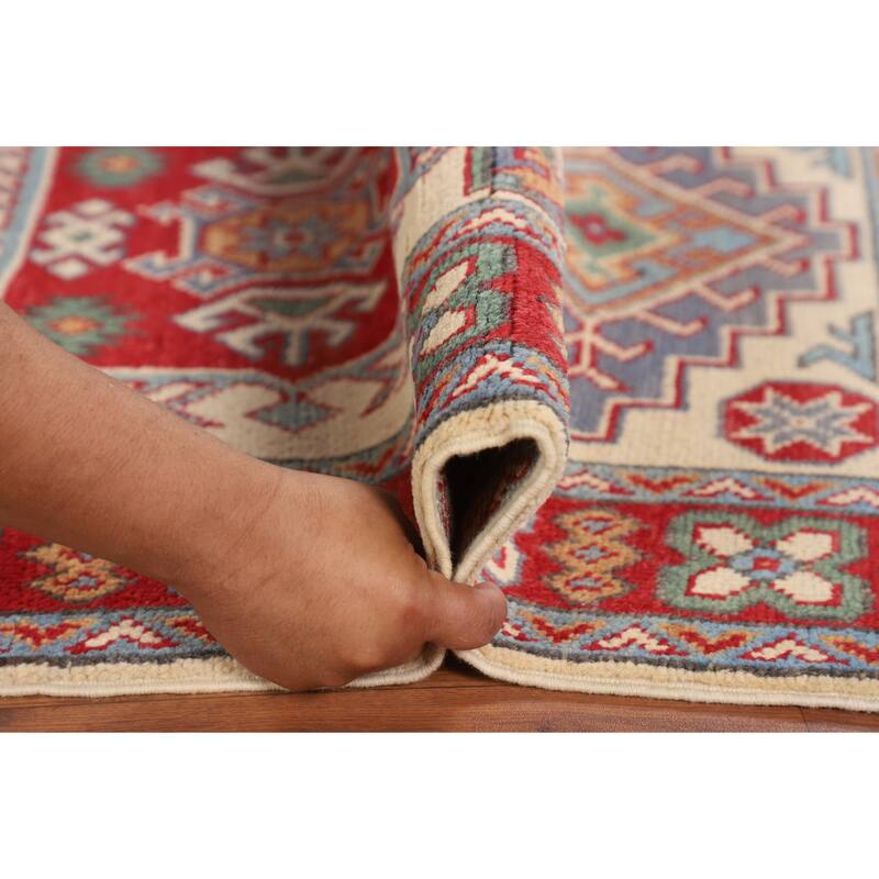 Ivory Geometric Kazak Accent Rug Hand-Knotted Wool Carpet - 2'7" x 4'3"