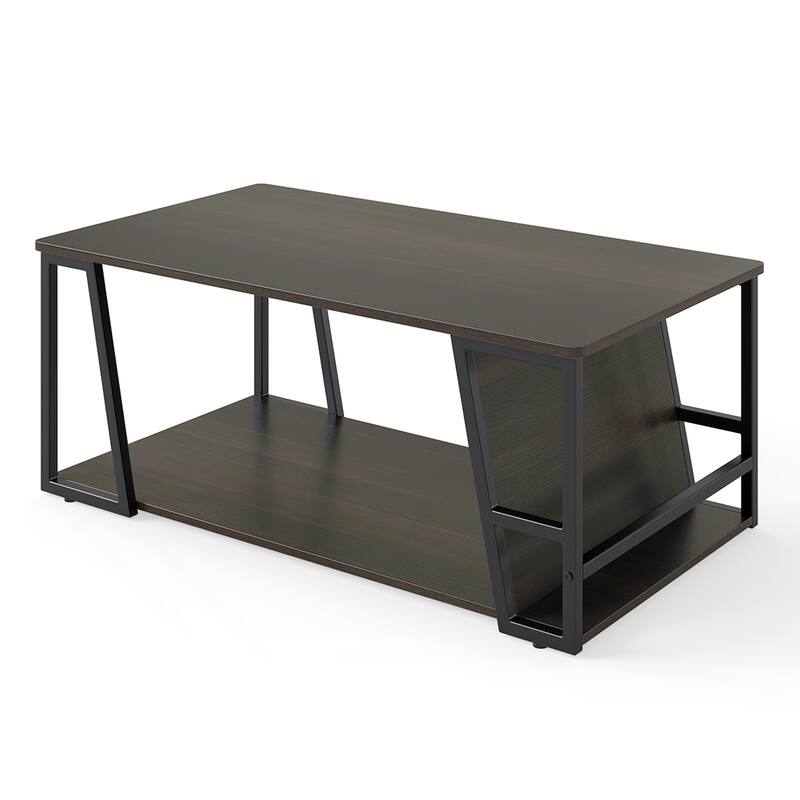 Industrial Coffee Table with Storage Shelf and Side Compartment Rectangle Wood and Metal Accent Table for Living Room - Brown