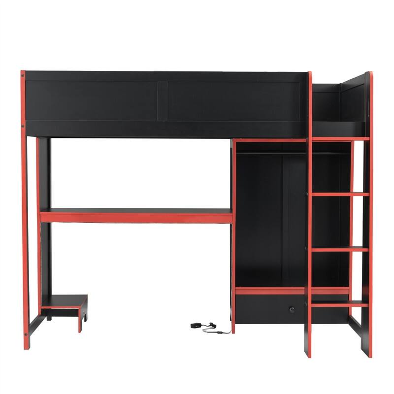Solid Wood Gaming Loft Bed with Bulit-in Desk and Wardrobe, Twin/Full Size Loft Bedframe with LED Light and 1 Storage Drawer