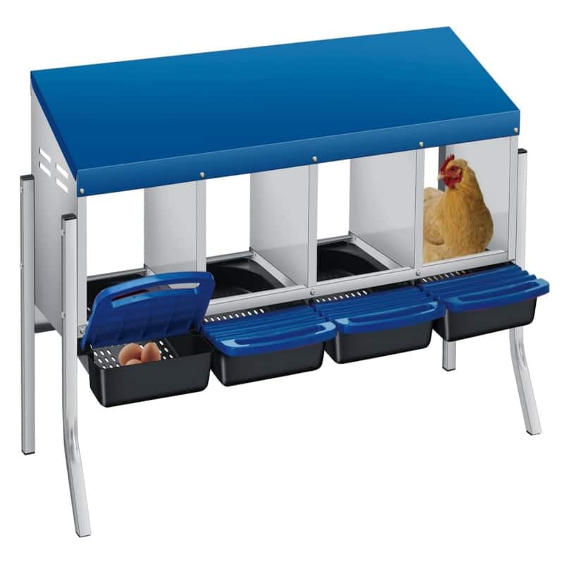 Roll-Away Nesting Boxes for Chickens Coop with Perch - 4 Hole Blue With  Legs