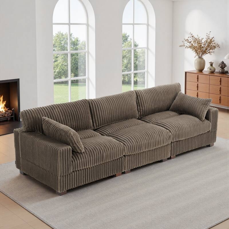 Plush Corduroy Upholstered Modular Sectional Sofa with Pillows