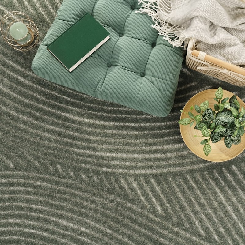 Modern Area Rug Minimalist Design with Carved Line Pattern in Green