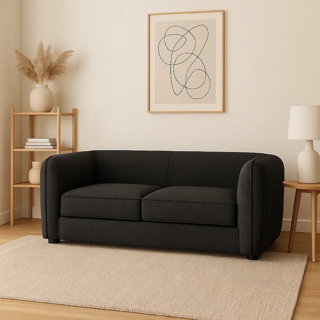 Dly Retro Loveseat, Black Boucle Seat, Welt Trims, 68 Inch, Tuxedo Style