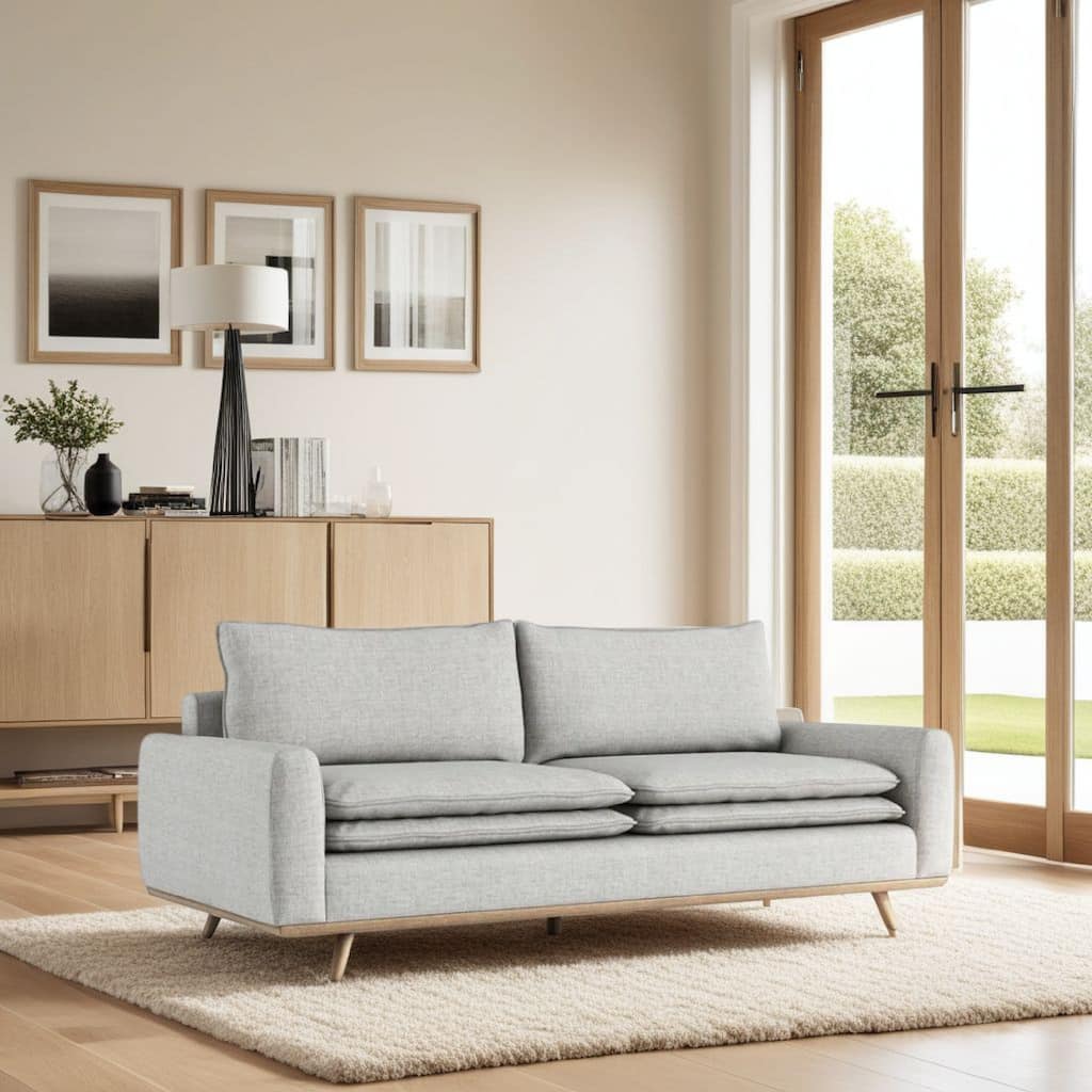 Yaana Sofa, Feather Blend Pillow, Oak Brown Wood, Gray Fabric 83 Inch