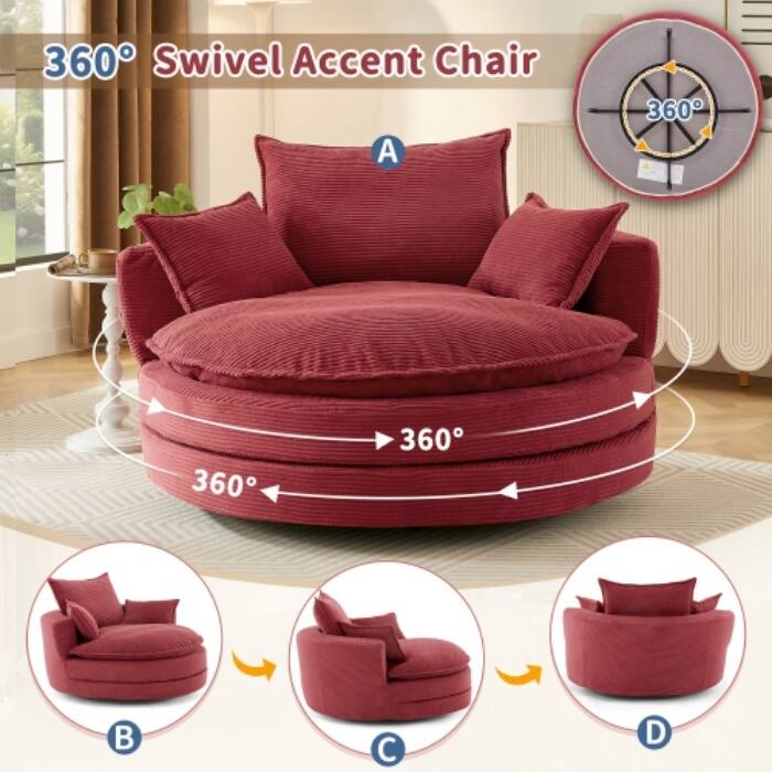57.5" 360° Swivel Barrel Chair - Dual-Layer Cushion with 3 Removable Pillows for Living Room & Office