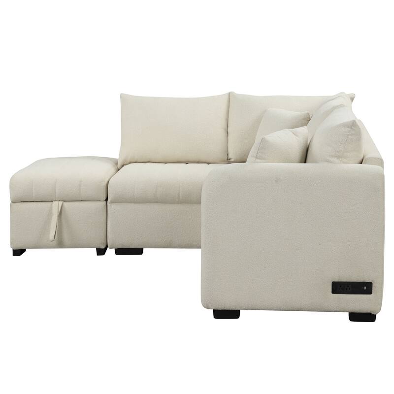 82.6" Polyester L-Shape Sectional Pull-Out Sofa Bed with Storage Ottoman, USB Ports and Power Sockets
