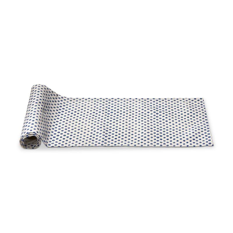 Daisy Artisan Block Printed All Over Blue Petite Daisy Print Cotton Machine Washable Table Runner, 72" x 14.5"-in.