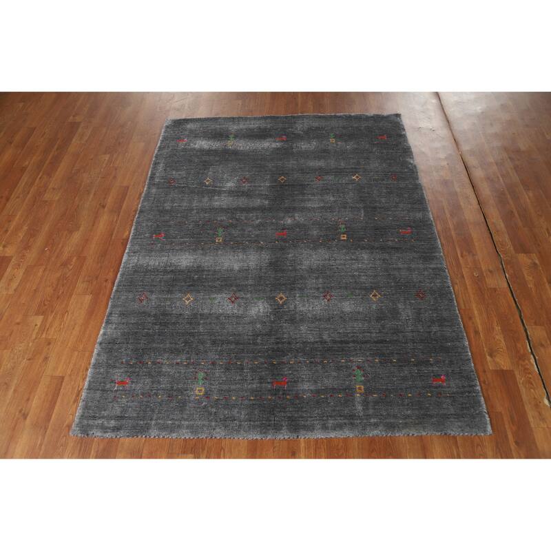 Hand Knotted Oriental 100% Wool Carpet Tribal Animal Pictorial Greys & Charcoal Gabbeh Area Rug - 5' 10'' X 4' 5''