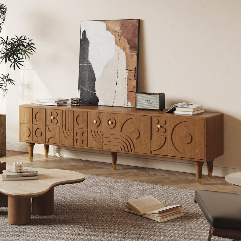 78.74" Mid-Century Modern TV Stands, Wood Media Console with Cabinets, Tall-Cast Legs - Brown