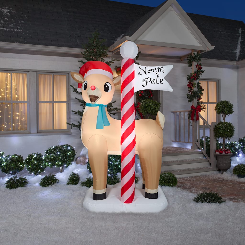 Airblown Inflatable Rudolph the Red-Nosed Reindeer w/ North Pole Sign