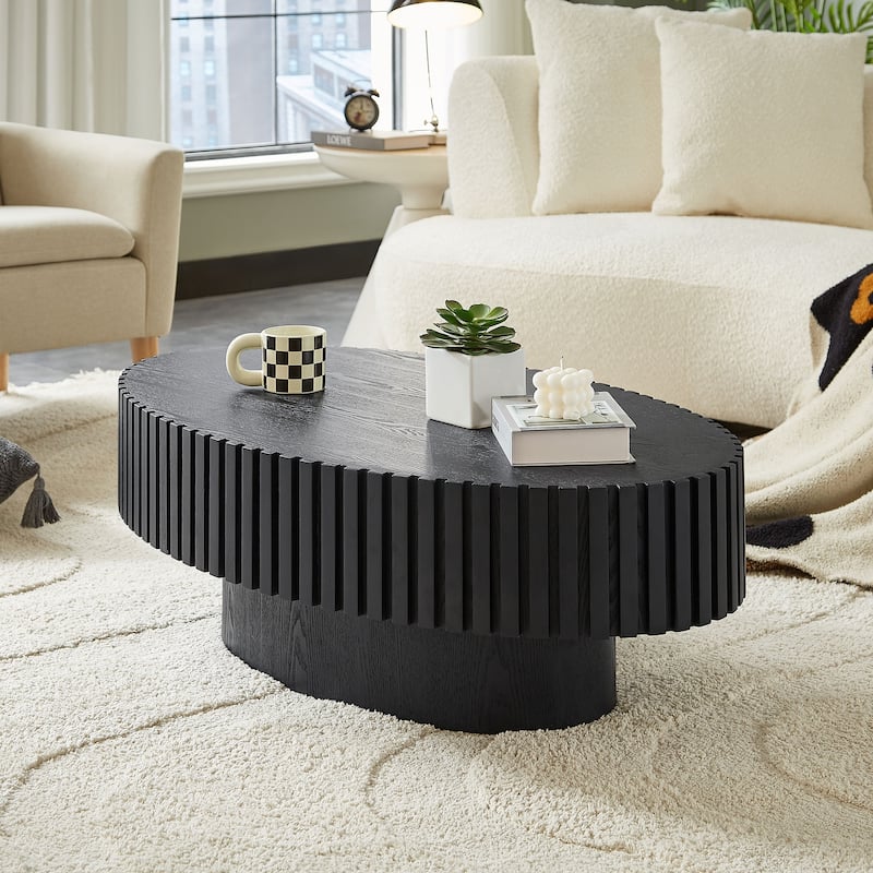 Handcraft Coffee Table Dining Table with Wood Relief, Oval End Table Accent Table with Sturdy Pedestal - Matt Black