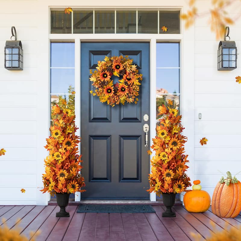 Glitzhome 48"H Fall Lighted Maple Leaf Sunflower Urn Porch Trees with Timer - 2-Piece