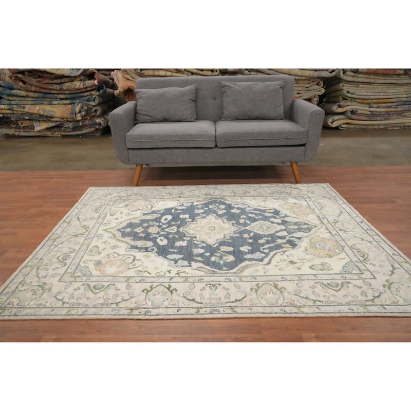 Hand Knotted Oriental 100% Wool Carpet Transitional Geometric Greys & Charcoal Oushak Area Rug - 6' 6'' X 5' 3''