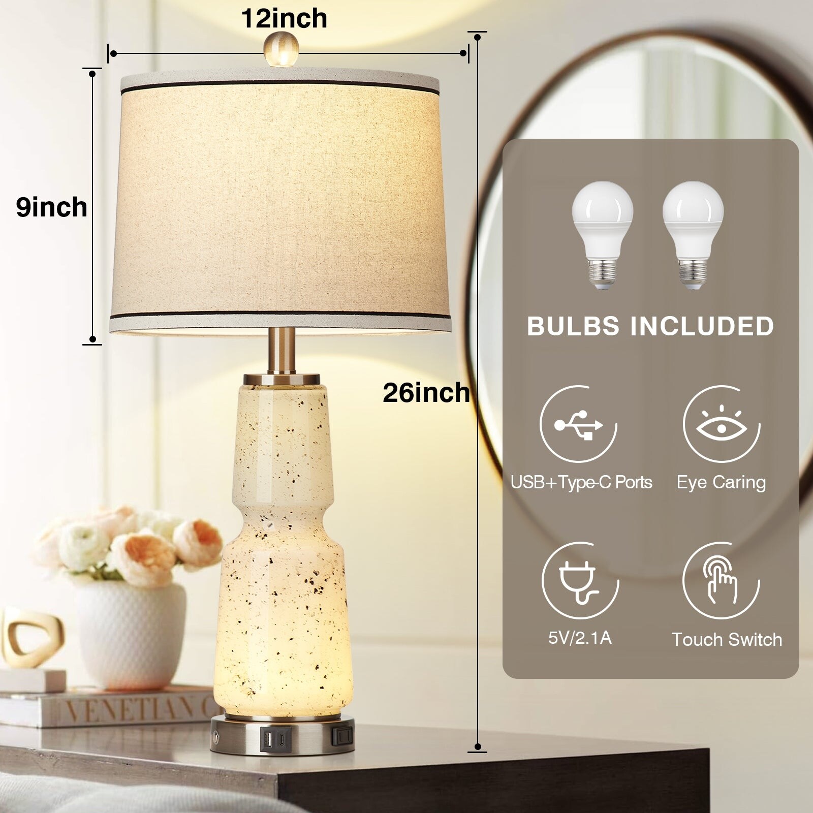 White Glass Table Lamps Nightlight 2in1 Ink Textile 2-Way Touch