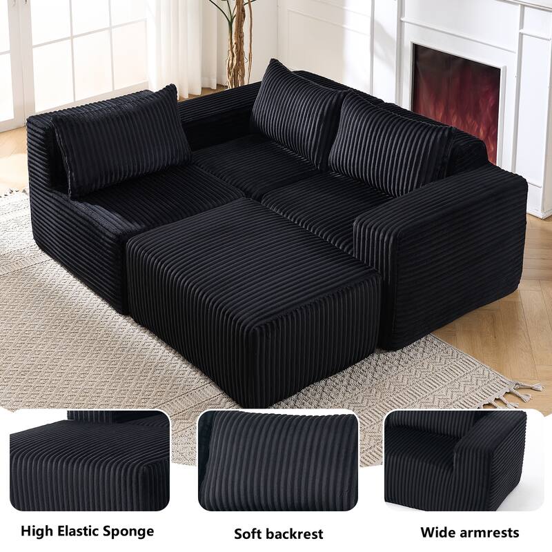 L-Shape Sectional Sofa with Ottoman, Fabric Upholstered Floor Cloud Couch, Modular Corner 3 Seat Sofa with Deep Seat