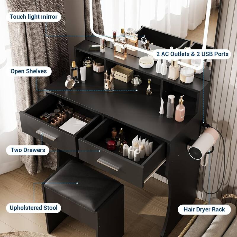 2 Drawers Dressing Table Vanity Desk with Lights and Mirror