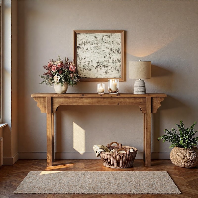 63" Solid Wood Entryway Table, Mid-Century Modern Console Table - Brown - Wood