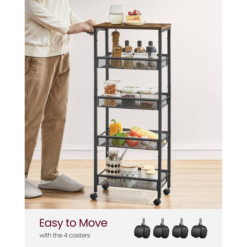 Slim Rolling Cart, 5-Tier Storage Cart, Narrow Cart with Handle, 8.7 Inches Deep, Metal Frame, for Kitchen, Dining Room