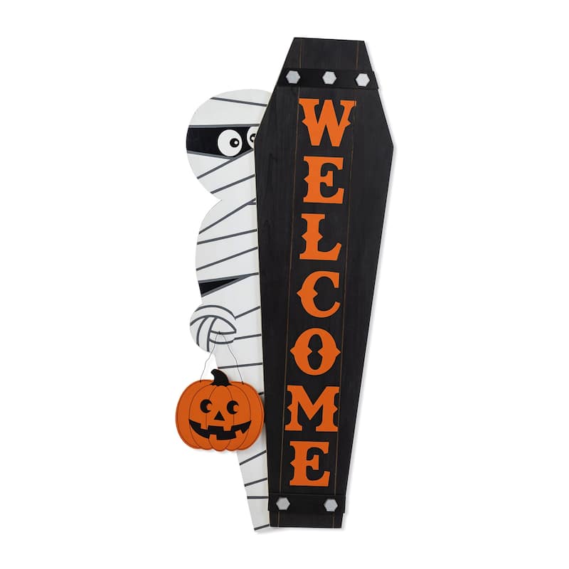 Glitzhome 38"H & 42"H Halloween Wood Mummy and Welcome Coffin Porch Decor, Two Function (S/2 or One Piece)