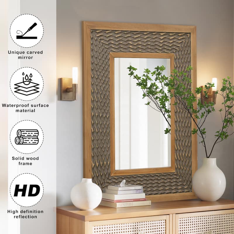 Rustic Farmhouse Wall Mirror, Natural Wood Decorative Vanity Mirror for Bedroom, Living Room, Bathroom, Entryway