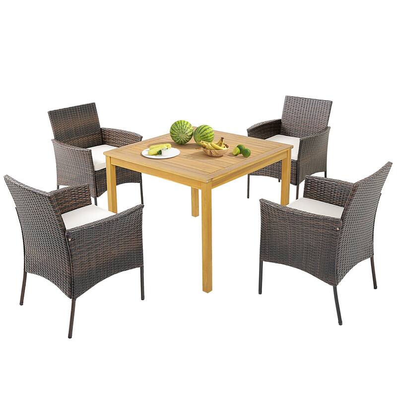 Gymax 5 PCS Patio Dining Set Acacia Wood Table w/ 1.9'' Umbrella Hole - Brown