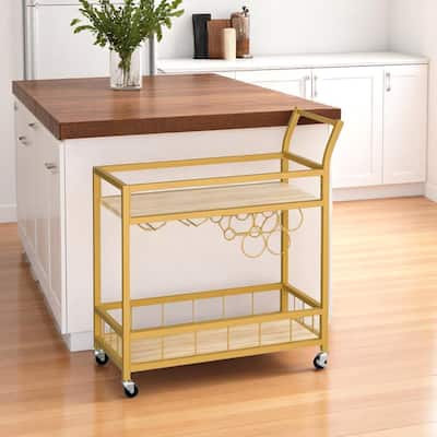 HomeRoots 27" Gold Metal and Wood Rolling Bar Cart With Wine Storage - 26.9 in. x 34.1 in. x 13 in.