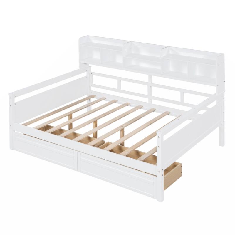 Full size Daybed, Wood Slat Support, with Bedside Shelf and Two Drawers