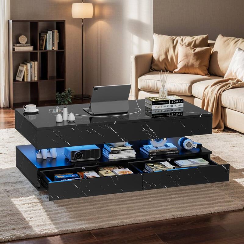Pocassy LED Coffee Table 47.2 Inches Double-Layer Center Tables