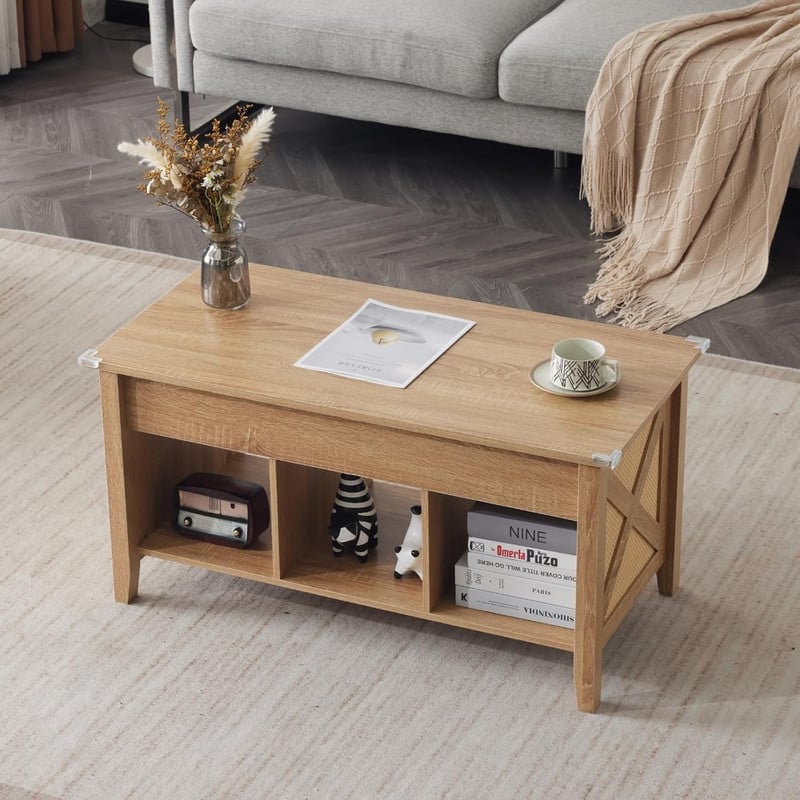 VINGLI Rectangular Oak-colored Particle Board with Bamboo Rattan Weaving, Extendable and Liftable Coffee Table