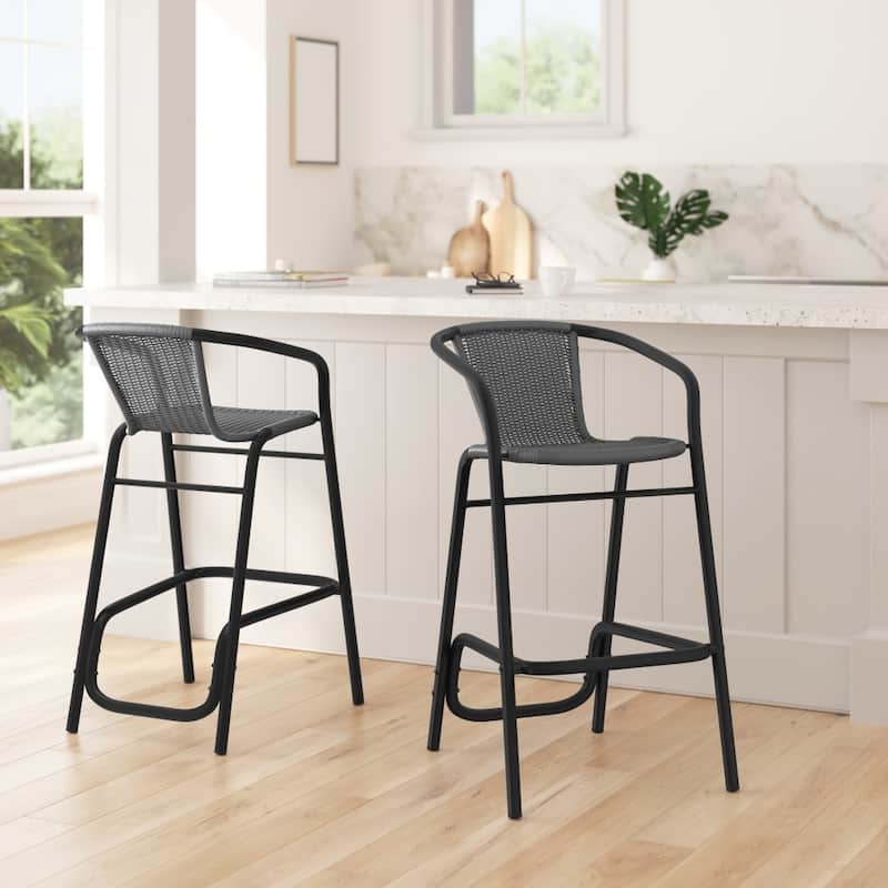 2PK Indoor/Outdoor Rattan Restaurant Barstools - Gray