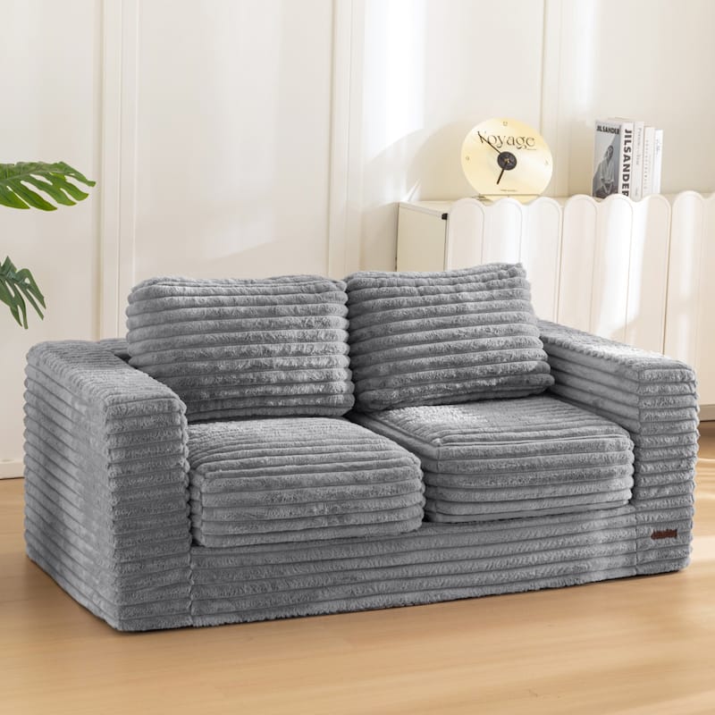 62"Bean Bag Sofa Faux Fur Upholstered Loveseat Floor Sofa with Pillows - Grey