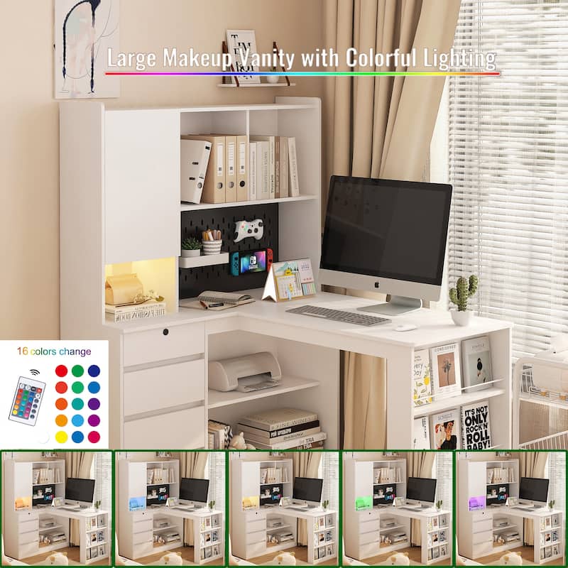 L Shaped Desk with Charger,Computer Desk with Drawers,Bookshelf,with LED Light - White