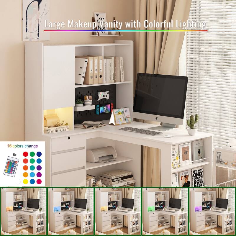 Roomfitters Modern L Shaped Computer Desk with LED Light & Hutch, Corner Workstation with Drawers, Pegboard & Shelves