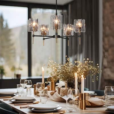 Kasy Modern 5-Light Wheel Chandelier Textured Glass Lights for Dining Room - D 26" x H 86" Max