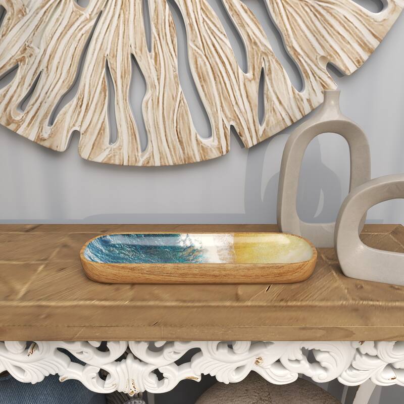 Brown Mango Wood Handmade Ocean Inspired Living Room Decor Tray with Colorful Enameled Interior