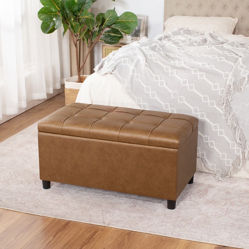 Adeco Rectangular Storage Ottoman Faux Leather Bench Lift-top Footrest