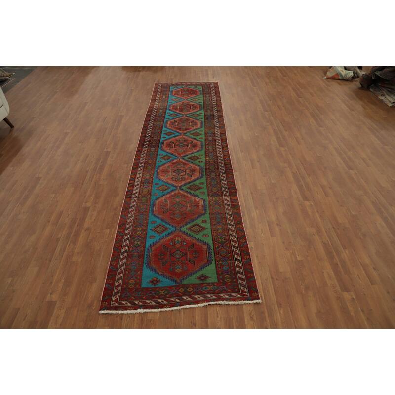 Hand Knotted Oriental 100% Wool Carpet Traditional Geometric Multi-Colored Heriz Runner Rug - 14' 1'' X 3' 9''
