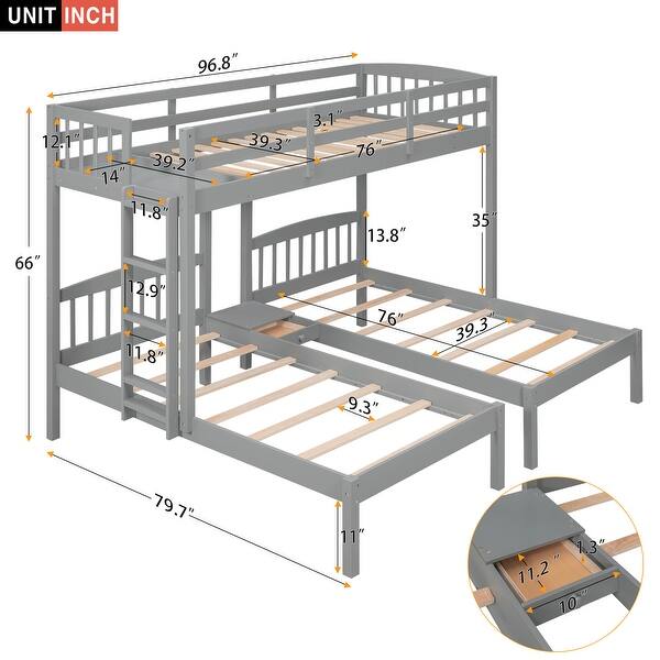 Triple Twin Bunk Bed with Full-Length Guardrail and Built-in Storage Drawer