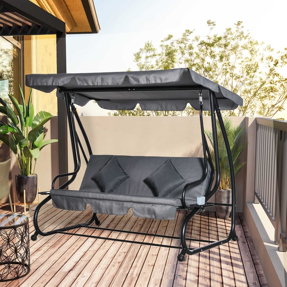 Outsunny 3 Seat Outdoor Free Standing Covered Swing Bench with Comfortable Cushioned Fabric & Included Canopy
